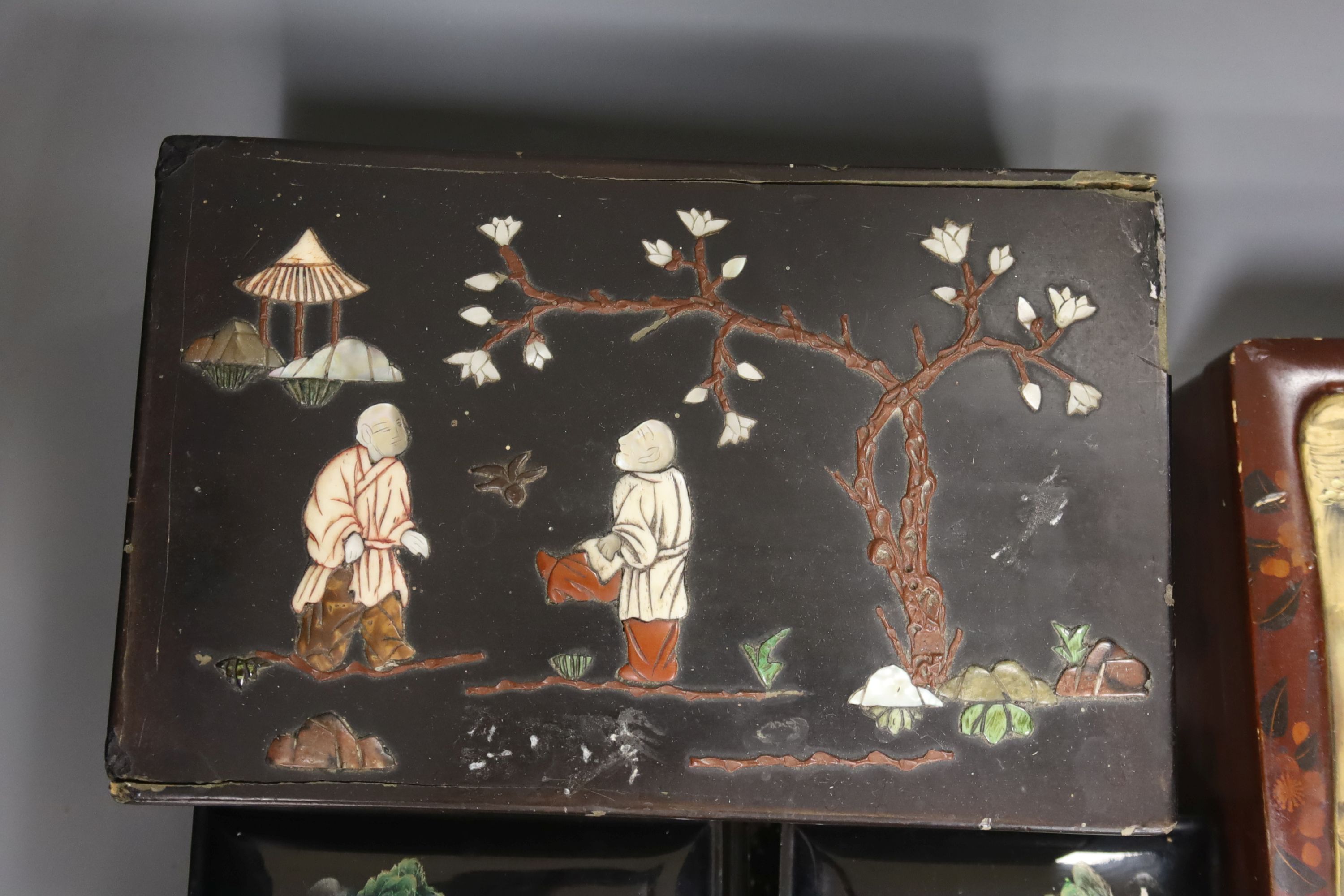 A collection of Chinese lacquered, carved hardwood and other boxes (11)